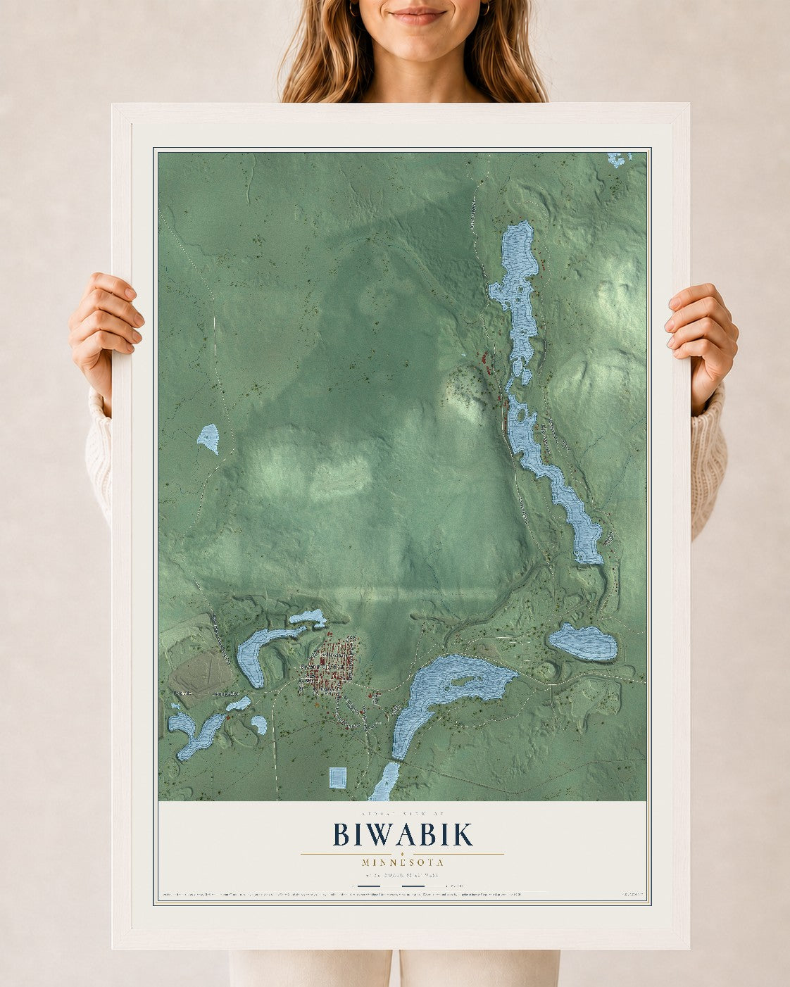 Map of Biwabik, Minnesota, 24 x 36 inch print in a white wood frame