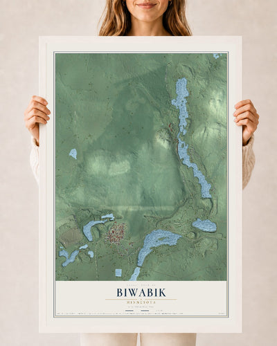 Map of Biwabik, Minnesota, 24 x 36 inch print in a white wood frame