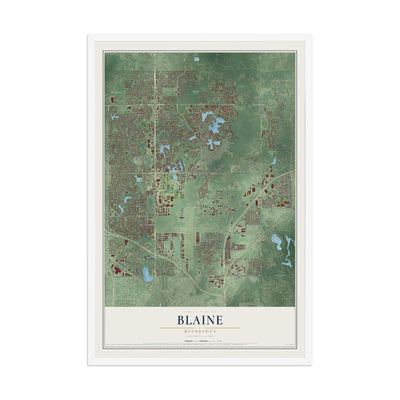 Map of Blaine, Minnesota, 12 x 18 inch print in a white wood frame