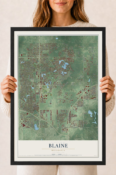 Map of Blaine, Minnesota, 18 x 24 inch print in a black wood frame