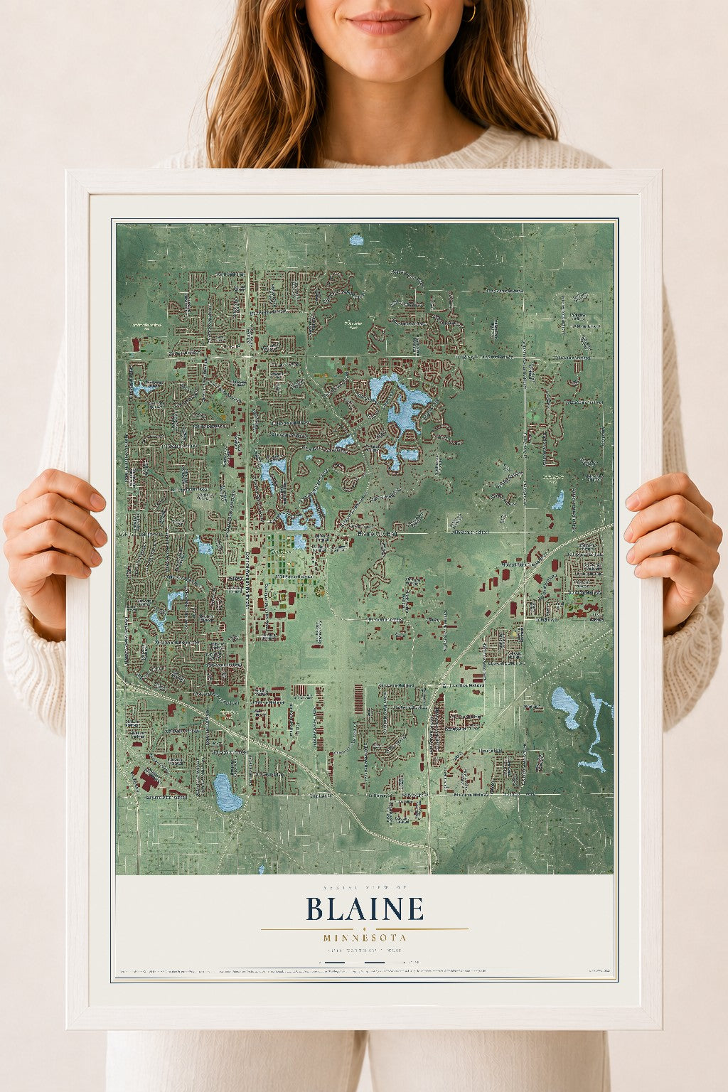 Map of Blaine, Minnesota, 18 x 24 inch print in a white wood frame