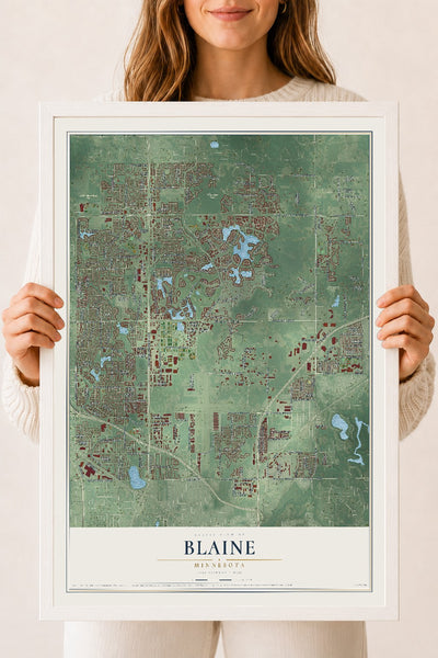 Map of Blaine, Minnesota, 18 x 24 inch print in a white wood frame