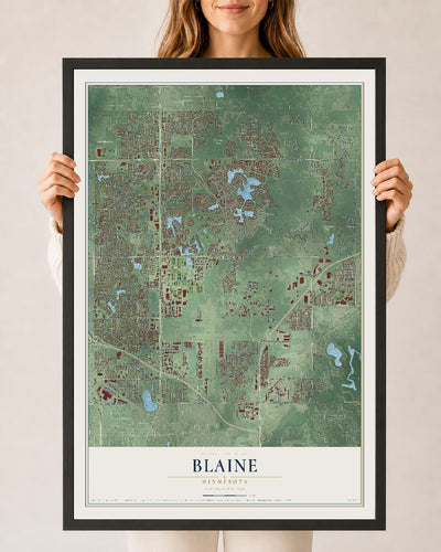 Map of Blaine, Minnesota, 24 x 36 inch print in a black wood frame