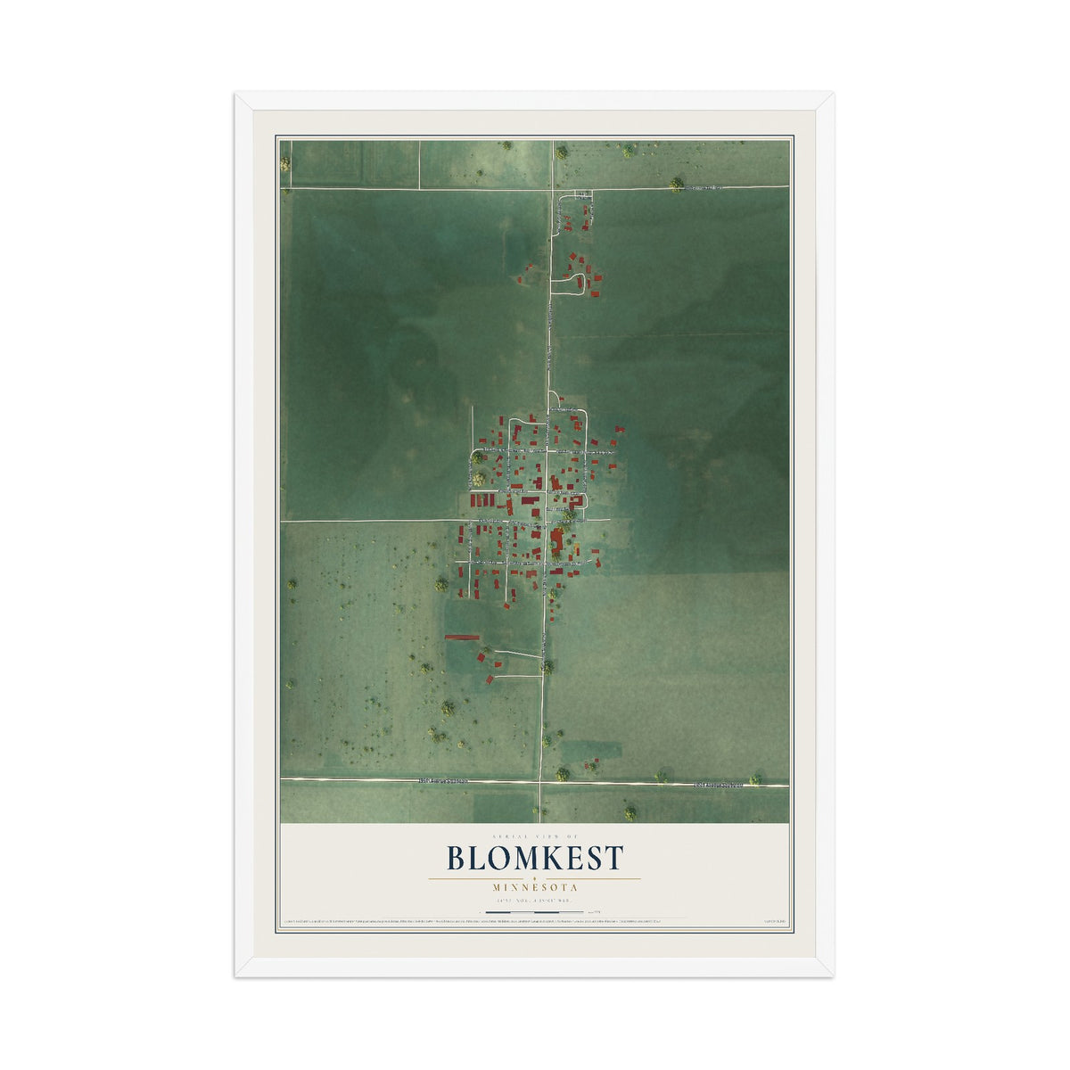 Map of Blomkest, Minnesota, 12 x 18 inch print in a white wood frame