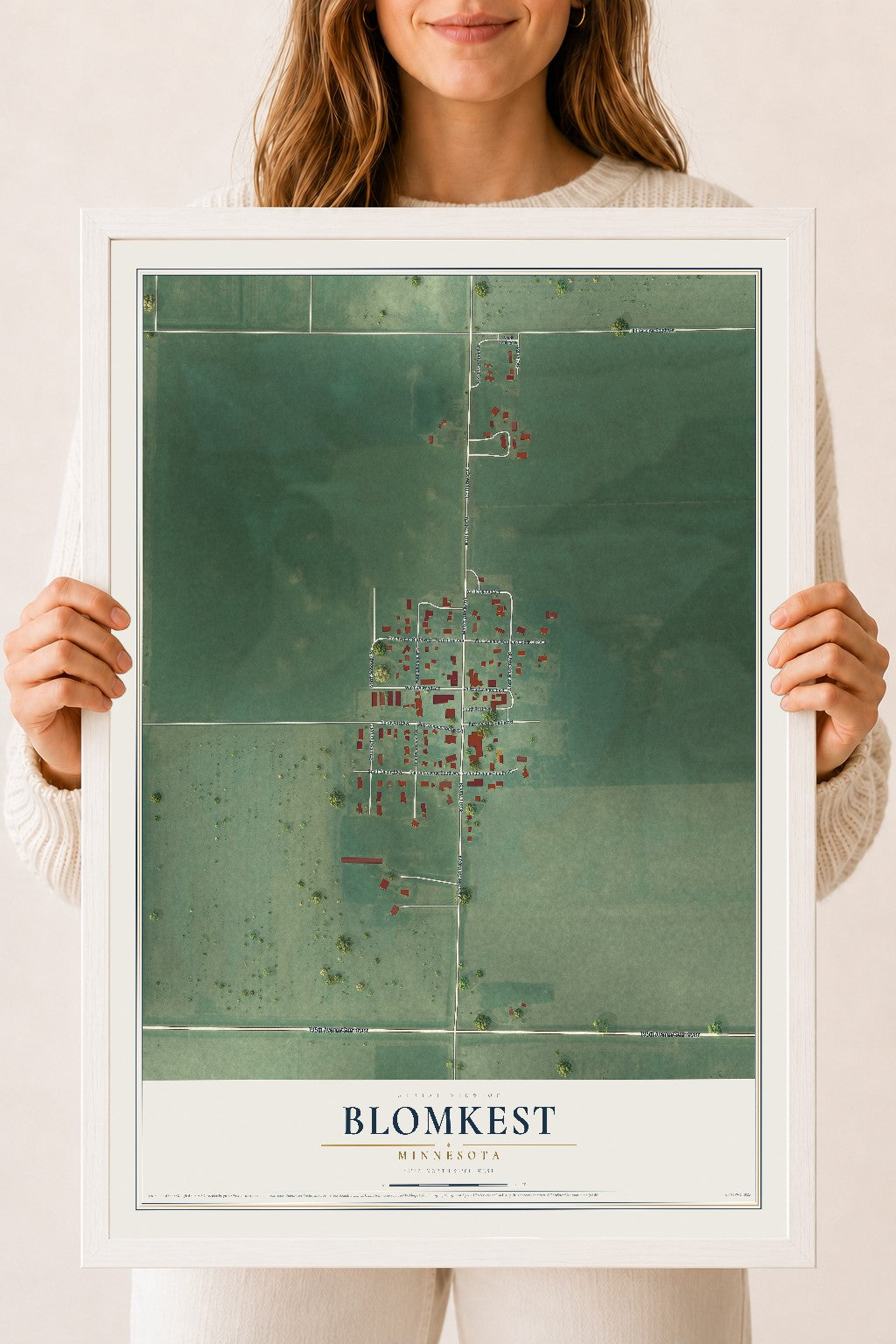 Map of Blomkest, Minnesota, 18 x 24 inch print in a white wood frame