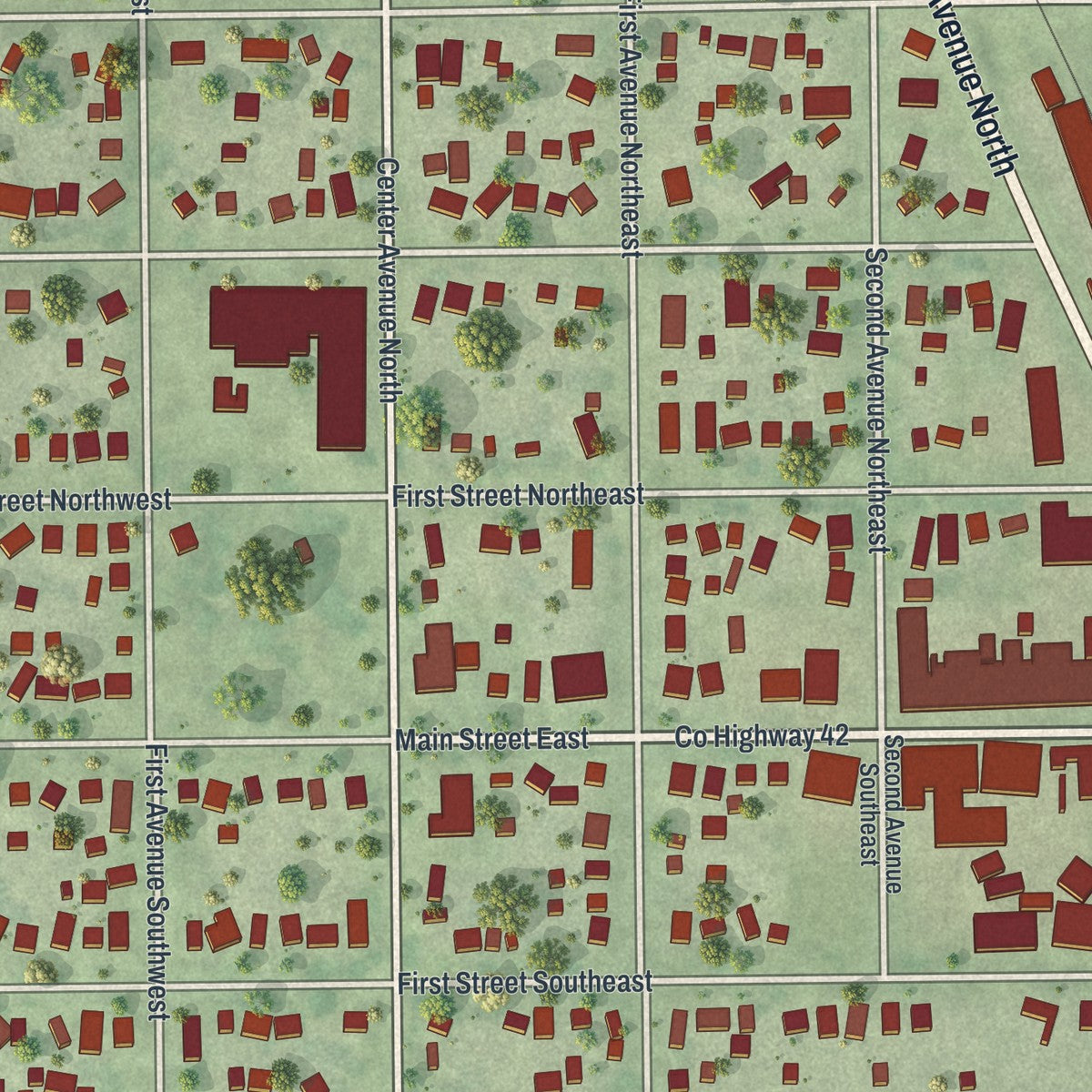 Close-up of the map of Blooming Prairie, Minnesota print showing street and building detail