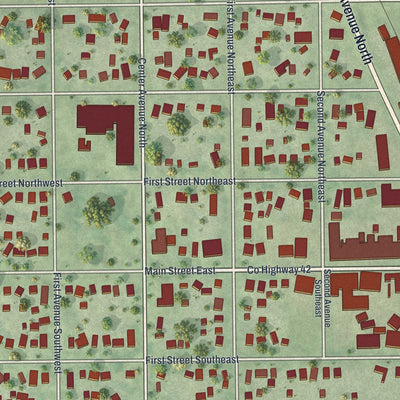 Close-up of the map of Blooming Prairie, Minnesota print showing street and building detail