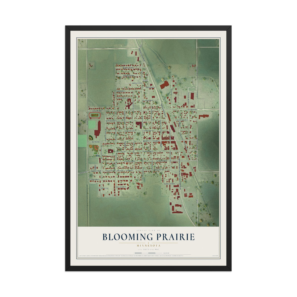 Map of Blooming Prairie, Minnesota, 12 x 18 inch print in a black wood frame