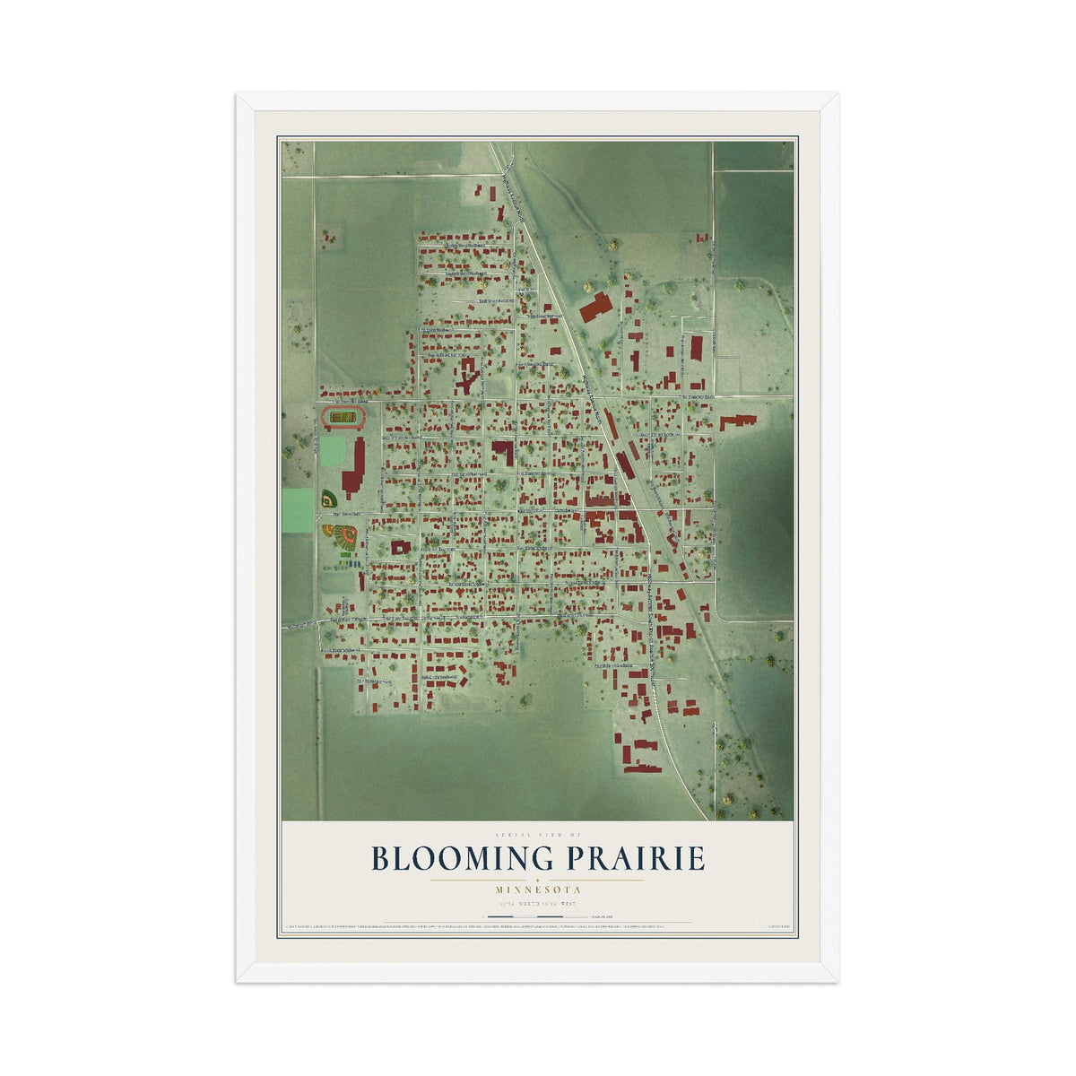 Map of Blooming Prairie, Minnesota, 12 x 18 inch print in a white wood frame