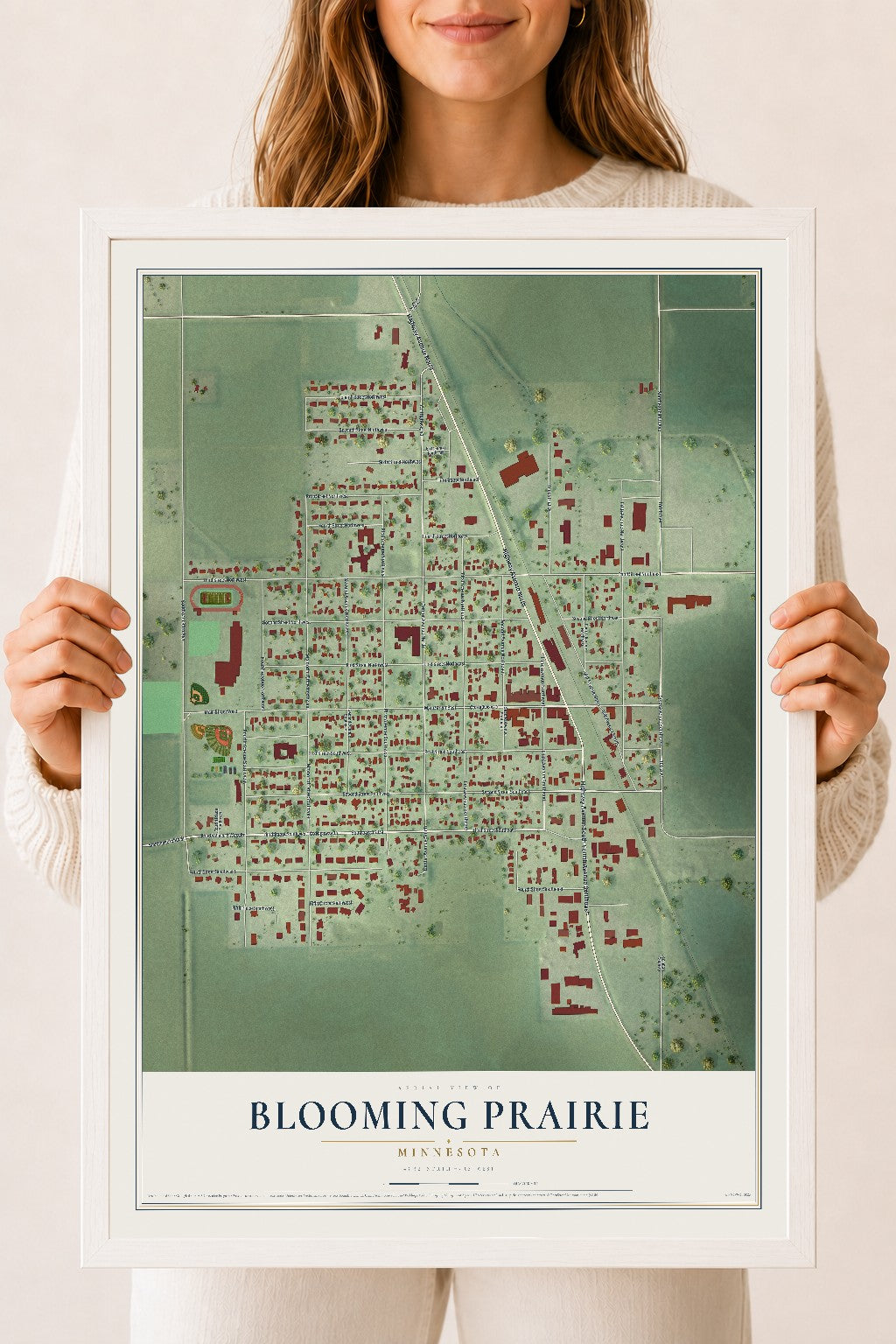 Map of Blooming Prairie, Minnesota, 18 x 24 inch print in a white wood frame