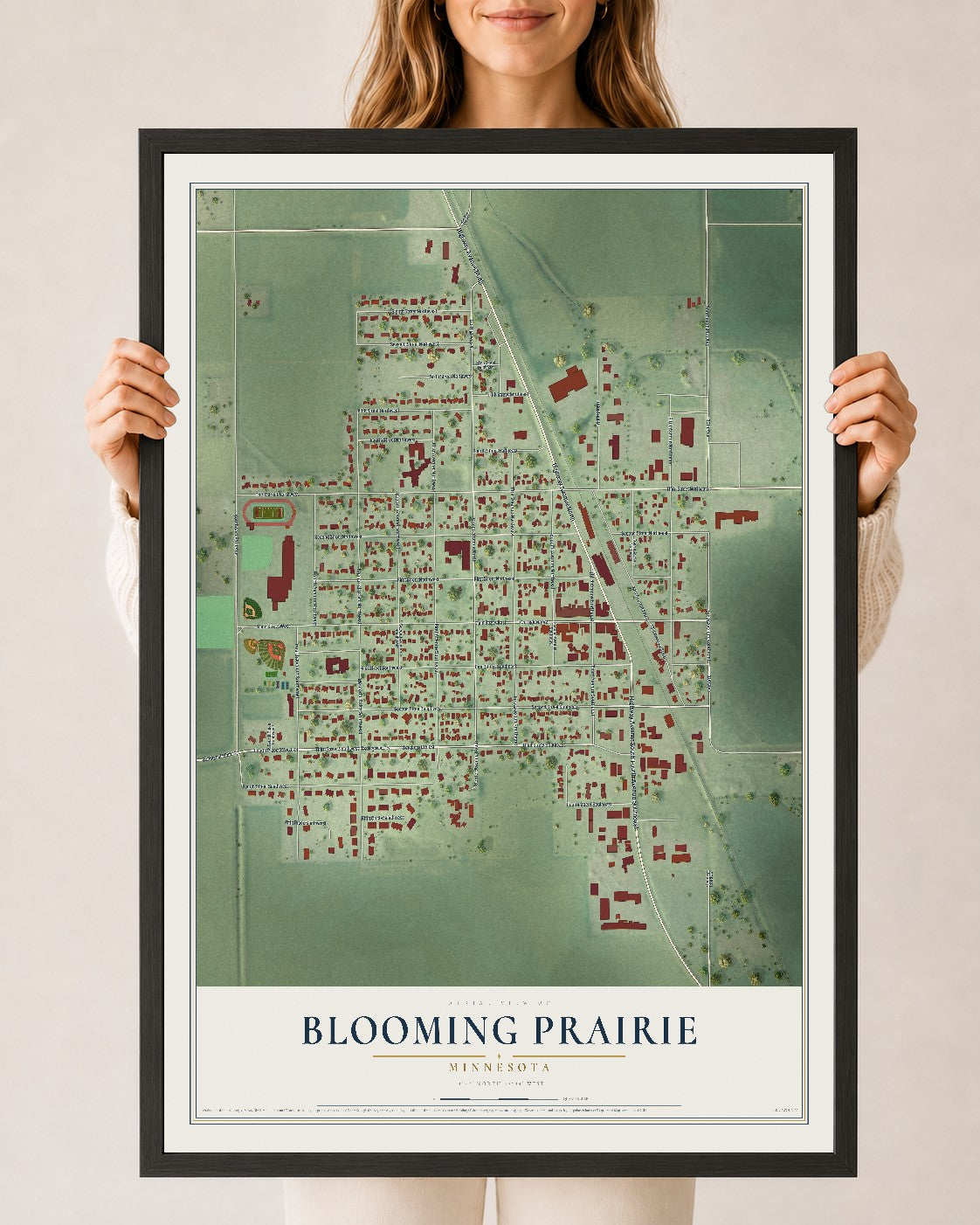 Map of Blooming Prairie, Minnesota, 24 x 36 inch print in a black wood frame