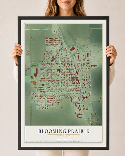 Map of Blooming Prairie, Minnesota, 24 x 36 inch print in a black wood frame