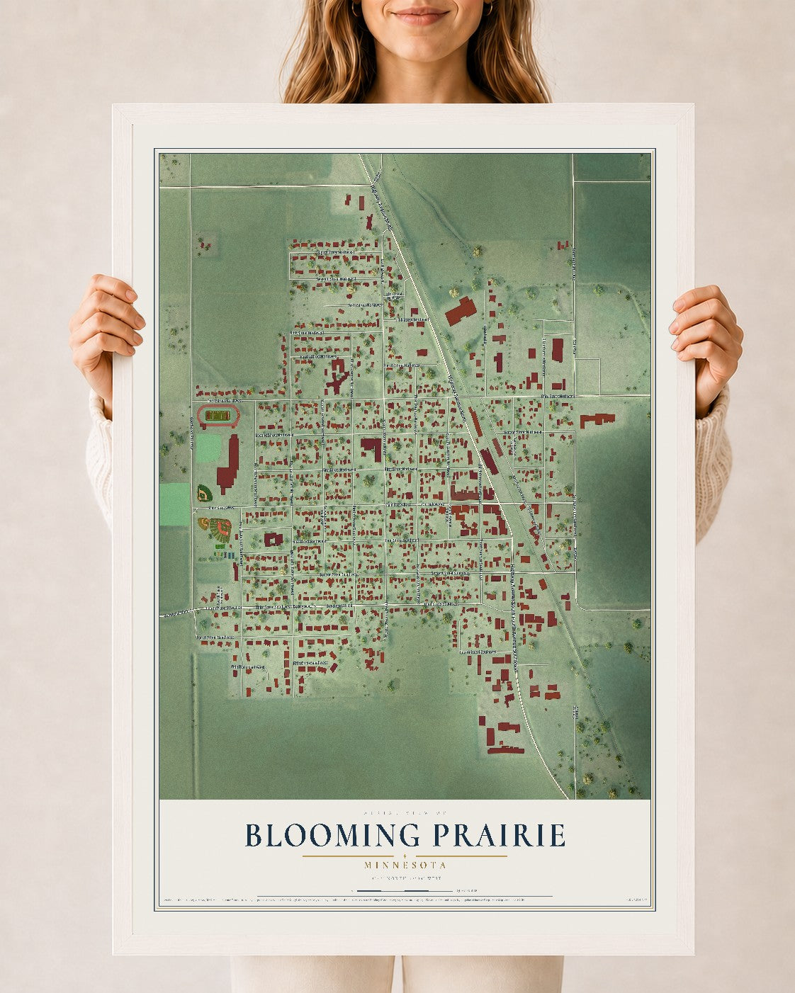 Map of Blooming Prairie, Minnesota, 24 x 36 inch print in a white wood frame