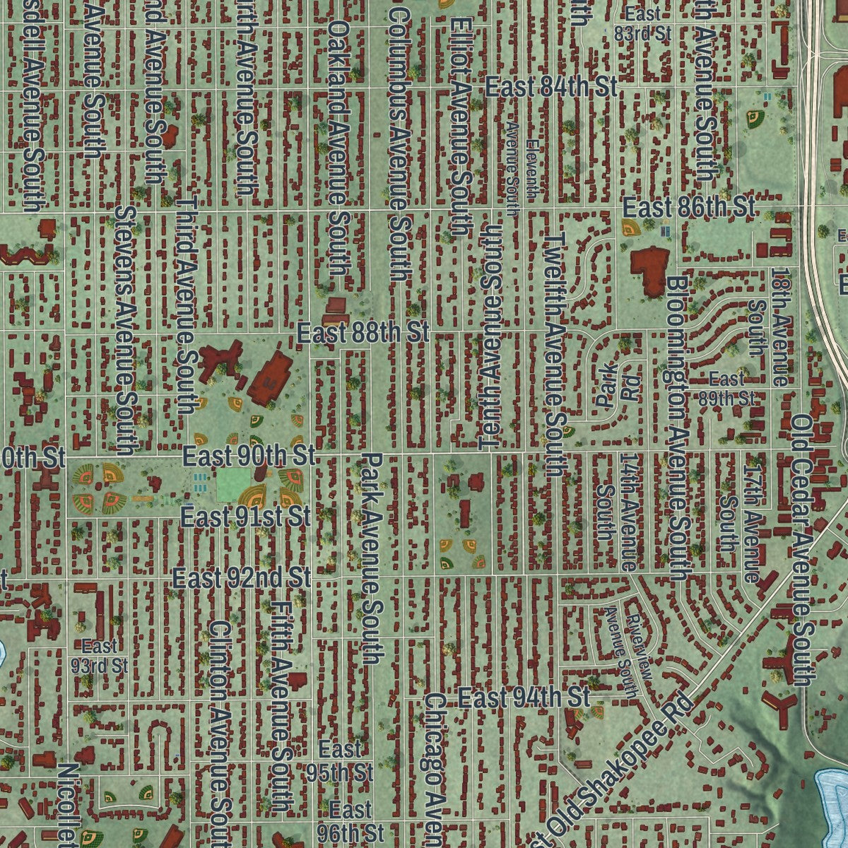 Close-up of the map of Bloomington, Minnesota print showing street and building detail