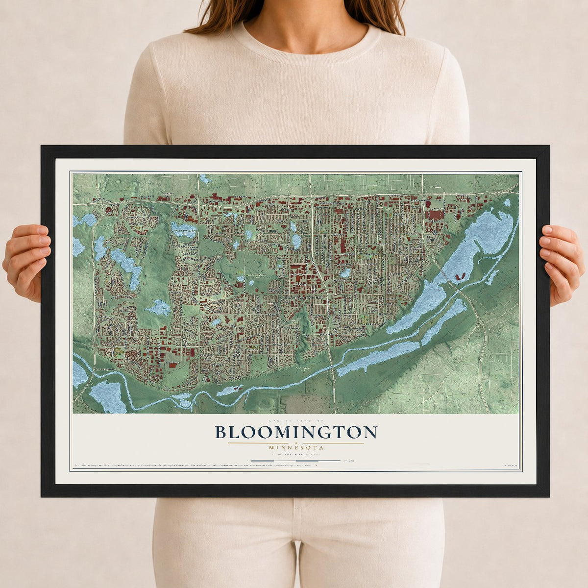 Map of Bloomington, Minnesota, 12 x 18 inch print in a black wood frame