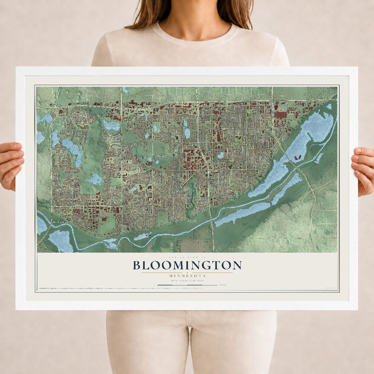 Map of Bloomington, Minnesota, 18 x 24 inch print in a white wood frame