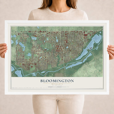 Map of Bloomington, Minnesota, 18 x 24 inch print in a white wood frame