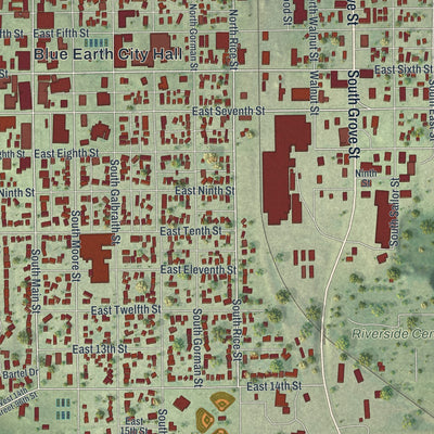 Close-up of the map of Blue Earth, Minnesota print showing street and building detail