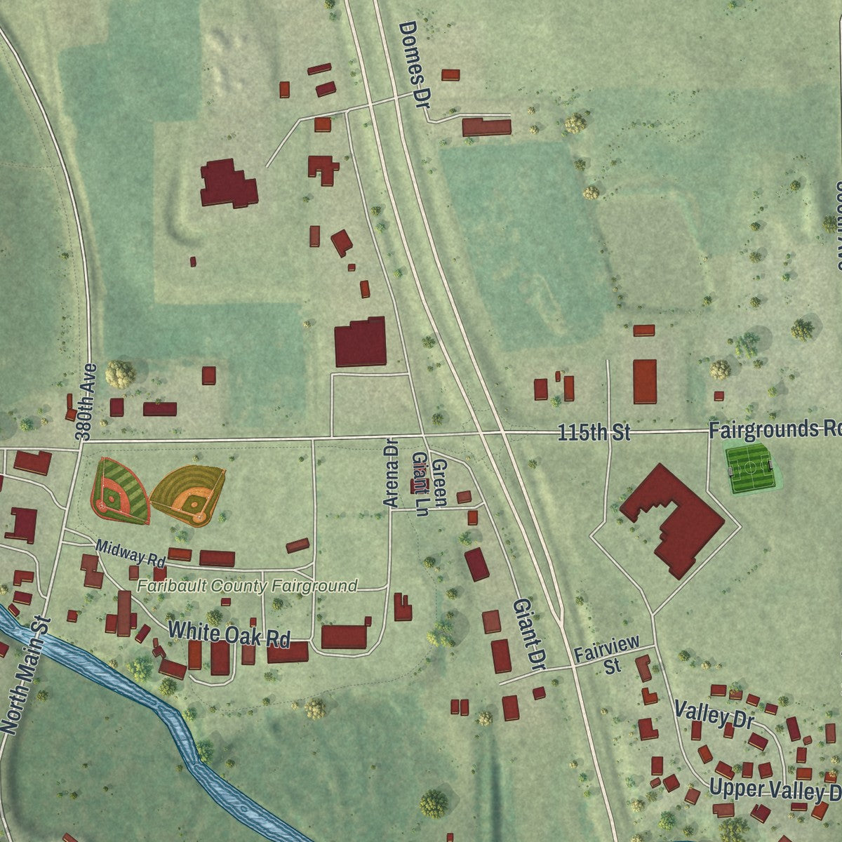 Second close-up of the map of Blue Earth, Minnesota print showing more streets and buildings