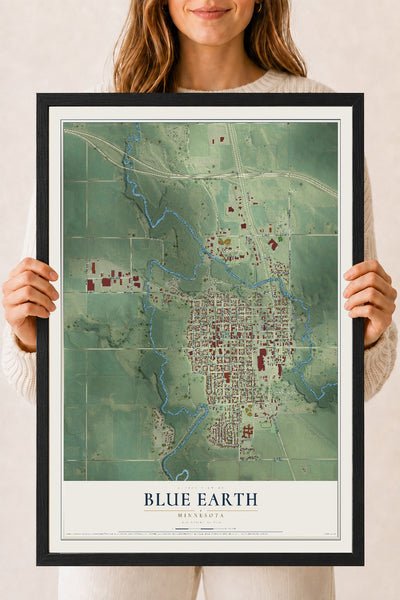 Map of Blue Earth, Minnesota, 18 x 24 inch print in a black wood frame
