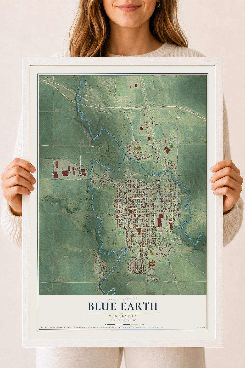 Map of Blue Earth, Minnesota, 18 x 24 inch print in a white wood frame