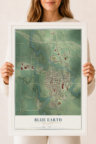 Map of Blue Earth, Minnesota, 18 x 24 inch print in a white wood frame