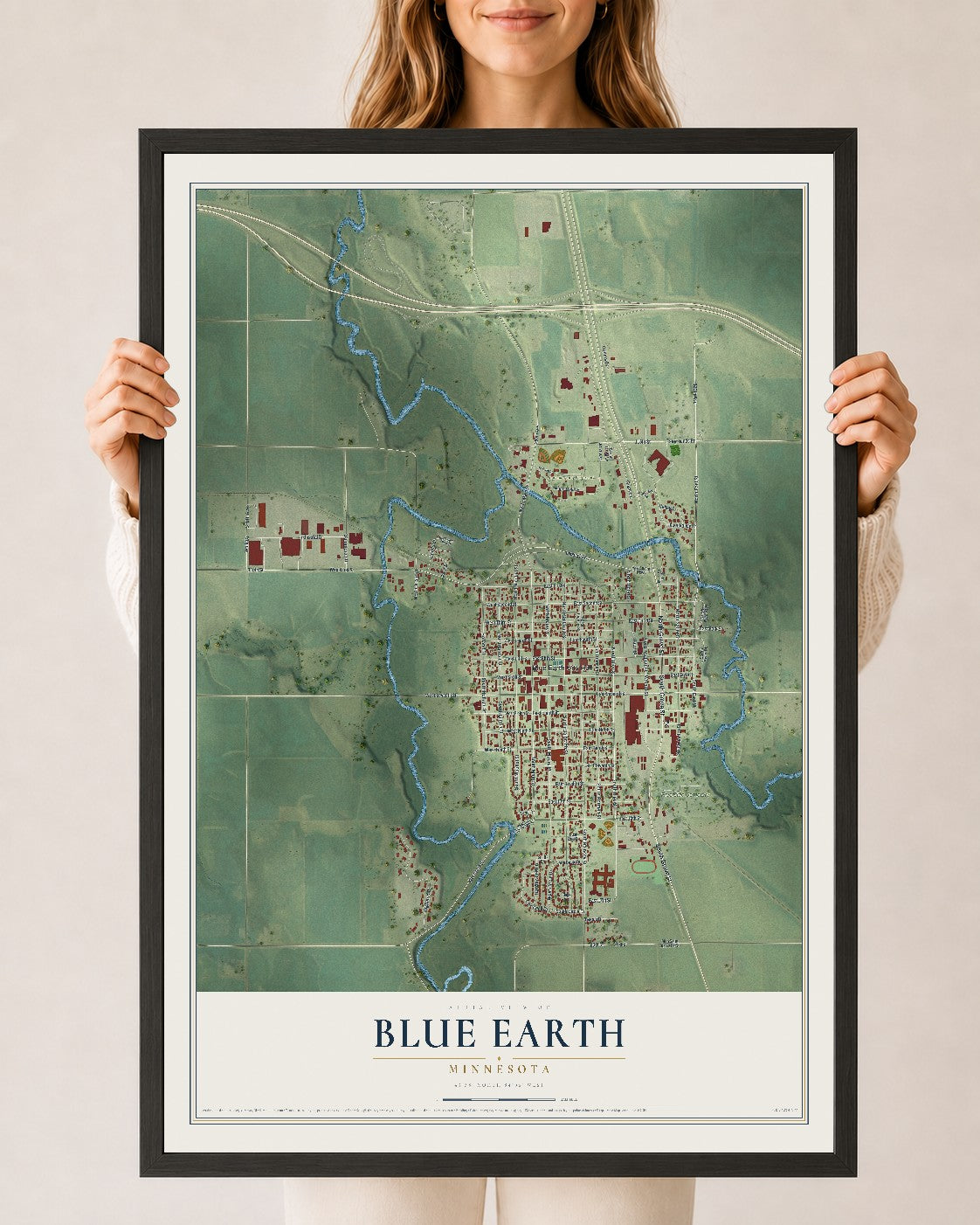 Map of Blue Earth, Minnesota, 24 x 36 inch print in a black wood frame