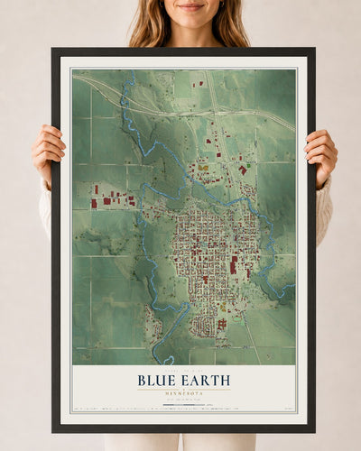 Map of Blue Earth, Minnesota, 24 x 36 inch print in a black wood frame