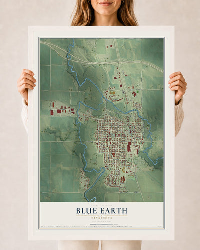 Map of Blue Earth, Minnesota, 24 x 36 inch print in a white wood frame
