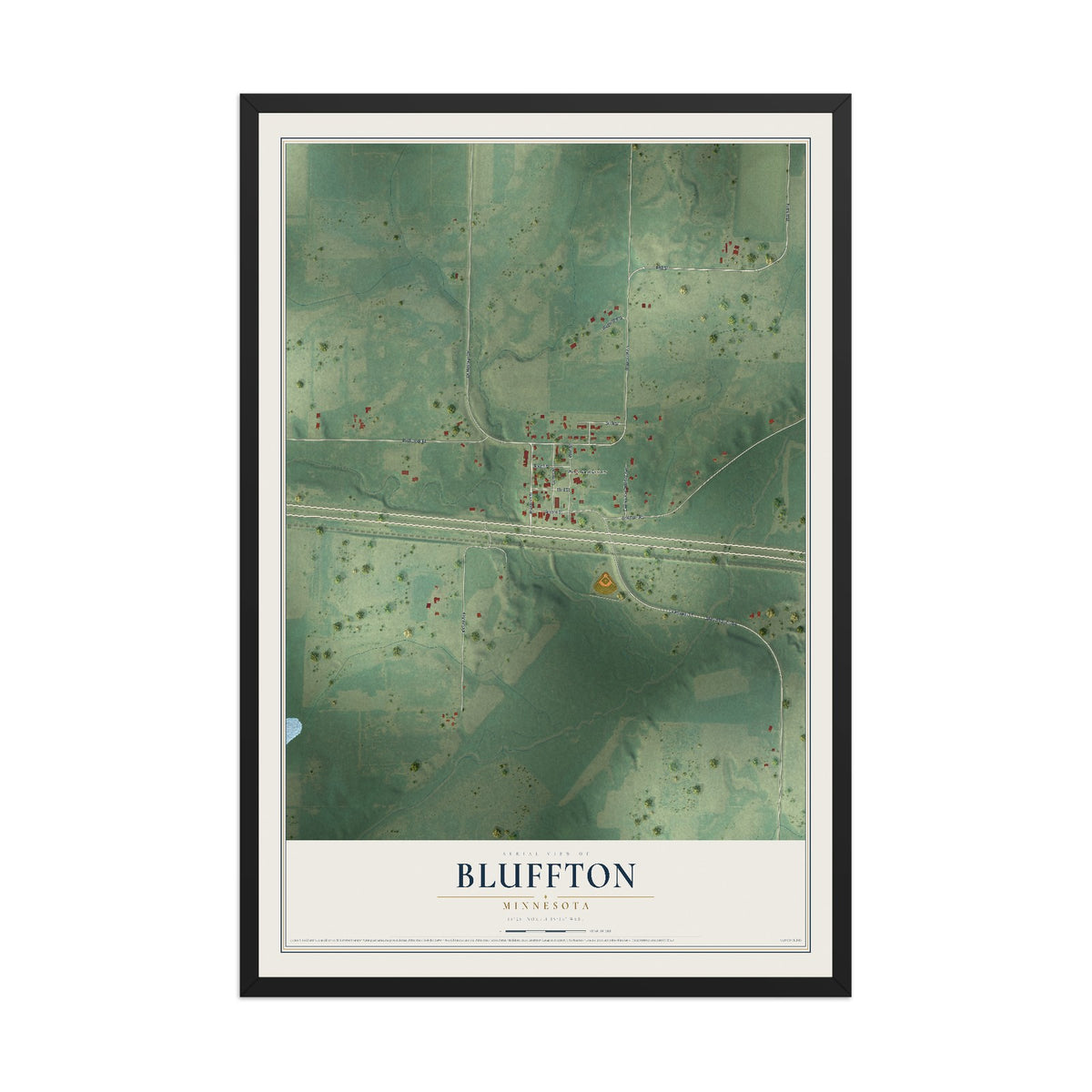 Map of Bluffton, Minnesota, 12 x 18 inch print in a black wood frame