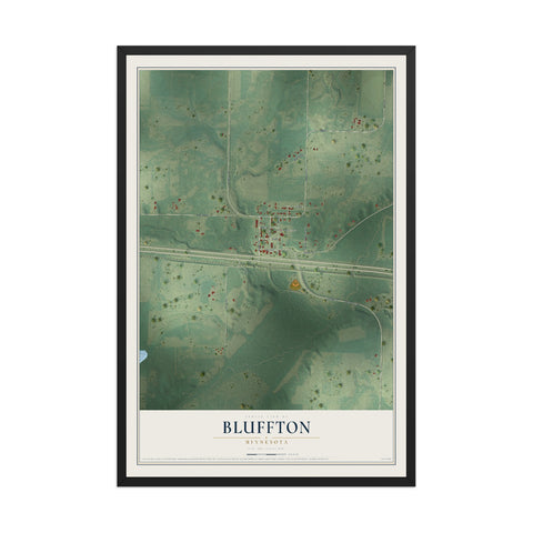 Map of Bluffton, Minnesota, 12 x 18 inch print in a black wood frame