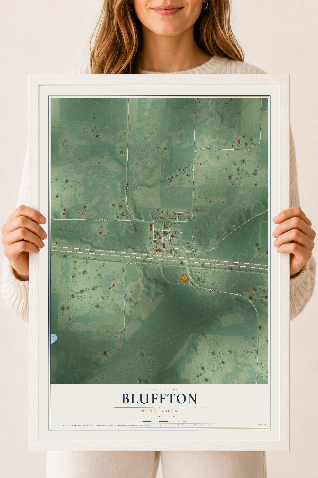Map of Bluffton, Minnesota, 18 x 24 inch print in a white wood frame