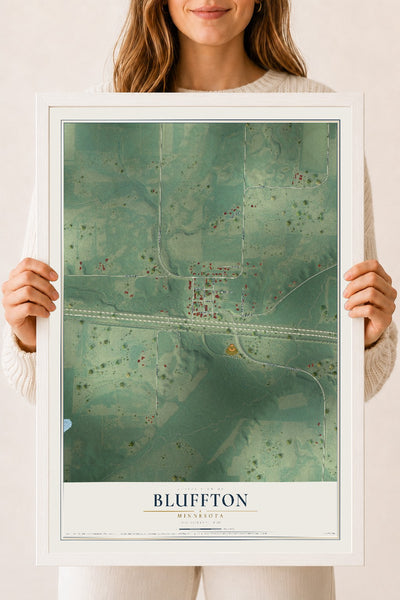 Map of Bluffton, Minnesota, 18 x 24 inch print in a white wood frame