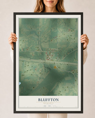 Map of Bluffton, Minnesota, 24 x 36 inch print in a black wood frame