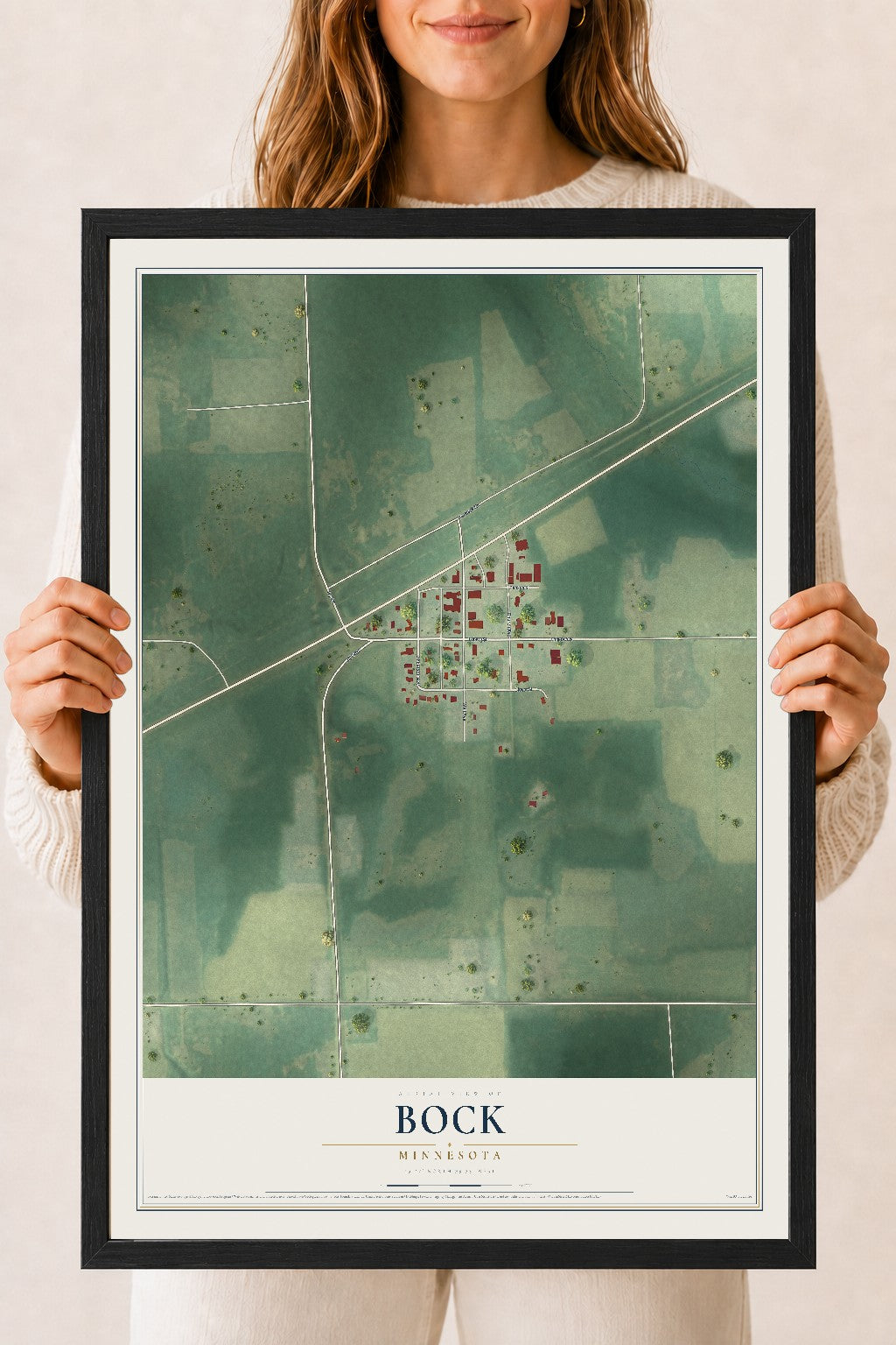 Map of Bock, Minnesota, 18 x 24 inch print in a black wood frame