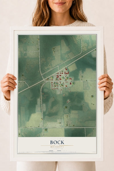Map of Bock, Minnesota, 18 x 24 inch print in a white wood frame