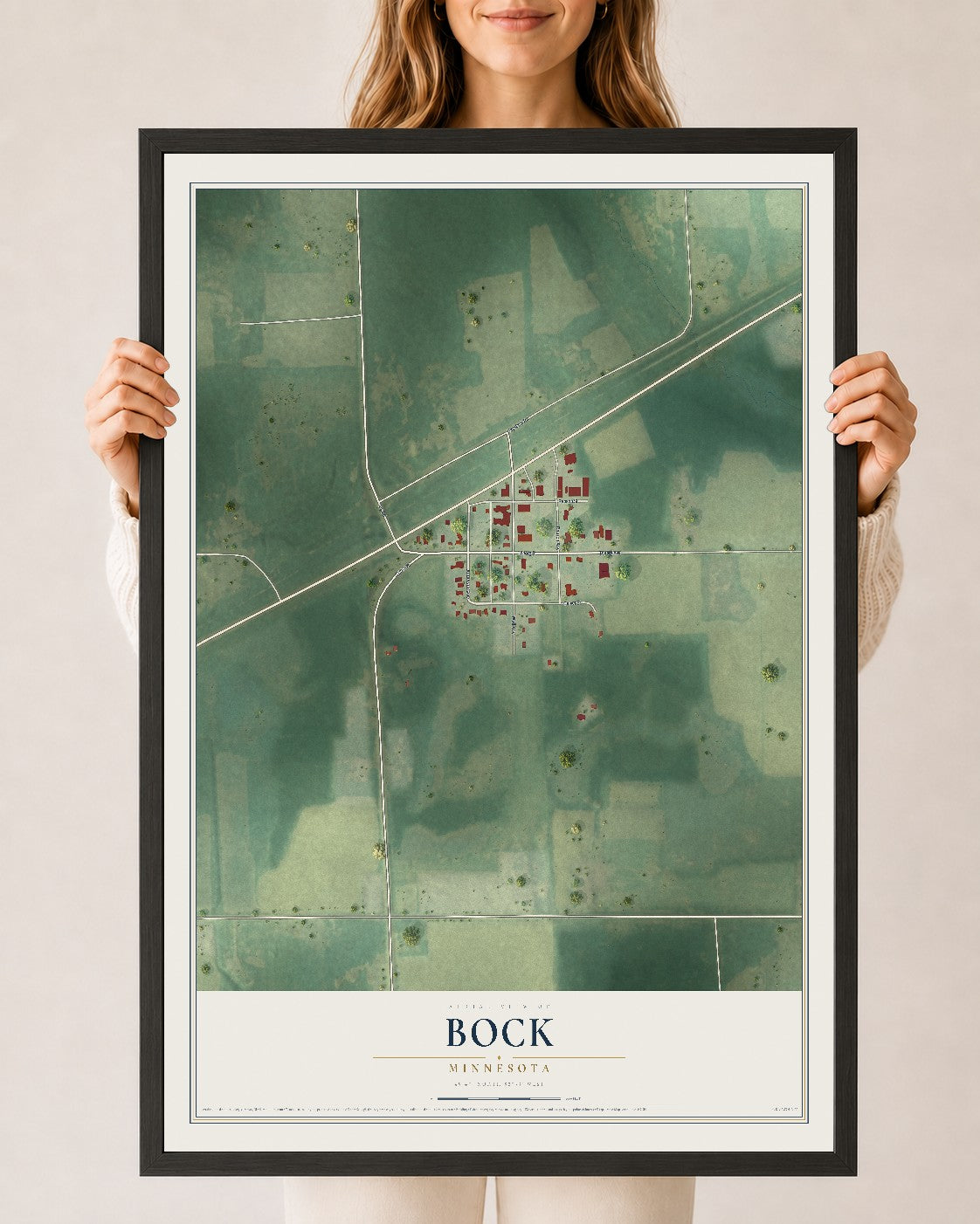 Map of Bock, Minnesota, 24 x 36 inch print in a black wood frame