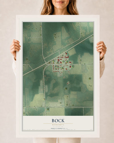 Map of Bock, Minnesota, 24 x 36 inch print in a white wood frame