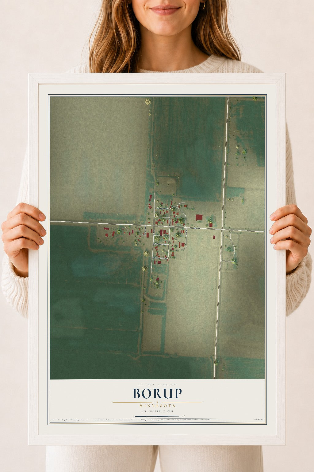 Map of Borup, Minnesota, 18 x 24 inch print in a white wood frame
