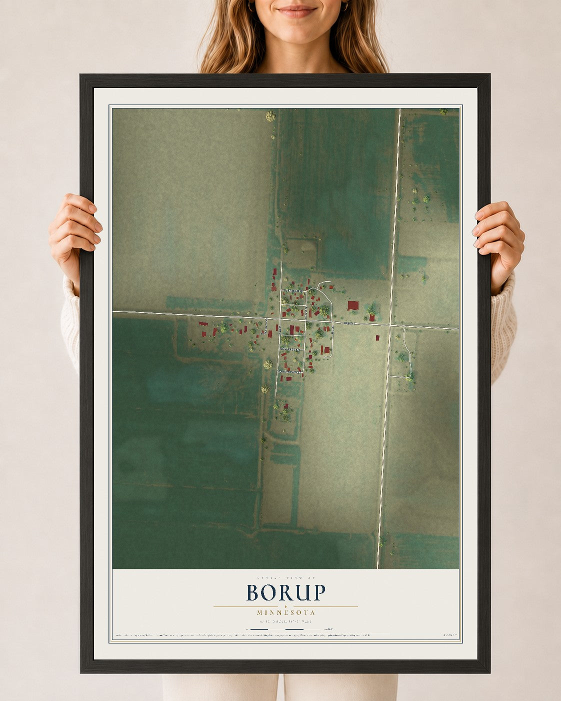 Map of Borup, Minnesota, 24 x 36 inch print in a black wood frame