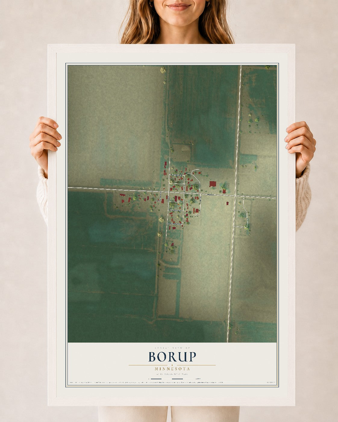 Map of Borup, Minnesota, 24 x 36 inch print in a white wood frame