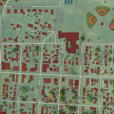 Close-up of the map of Bovey, Minnesota print showing street and building detail