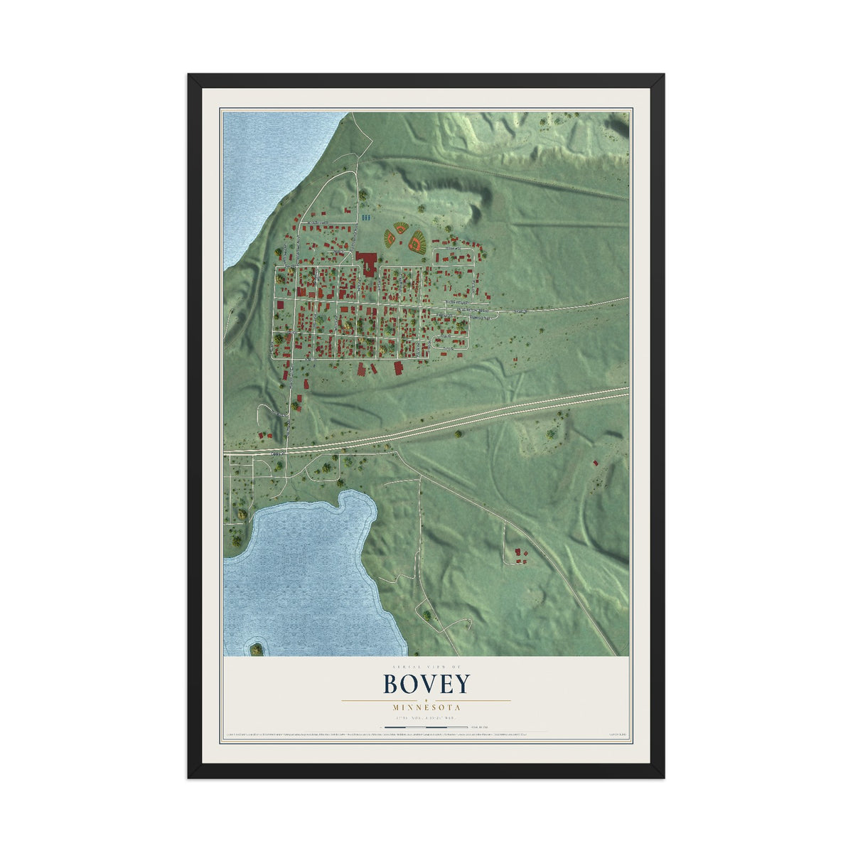 Map of Bovey, Minnesota, 12 x 18 inch print in a black wood frame