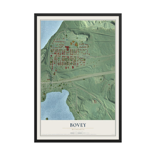 Map of Bovey, Minnesota, 12 x 18 inch print in a black wood frame