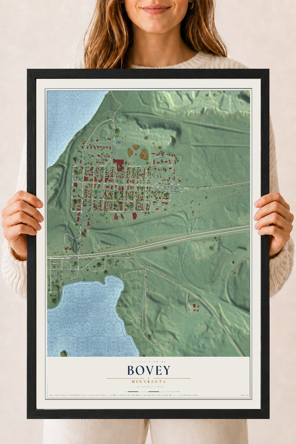 Map of Bovey, Minnesota, 18 x 24 inch print in a black wood frame