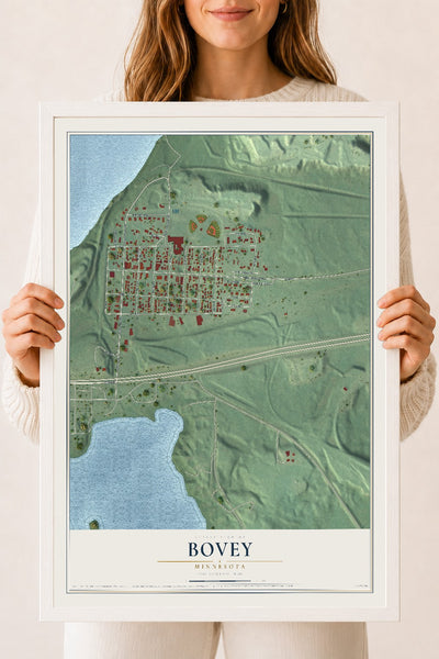 Map of Bovey, Minnesota, 18 x 24 inch print in a white wood frame