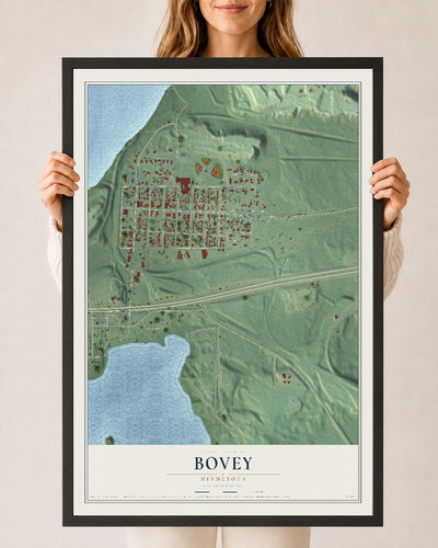 Map of Bovey, Minnesota, 24 x 36 inch print in a black wood frame