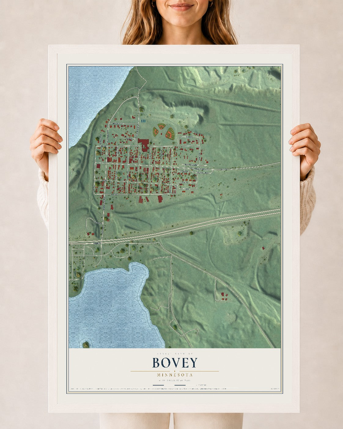Map of Bovey, Minnesota, 24 x 36 inch print in a white wood frame