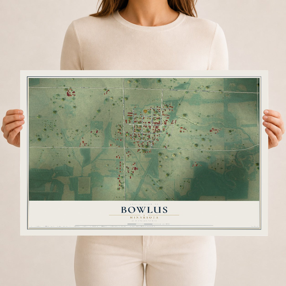 Map of Bowlus, Minnesota, 12 x 18 inch unframed archival matte print