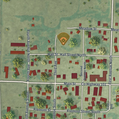 Close-up of the map of Bowlus, Minnesota print showing street and building detail